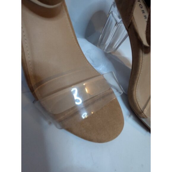 Torrid Clear Translucent Block Heels Faux Suede Sz 8.5WW Adjustable Strap - Picture 10 of 13